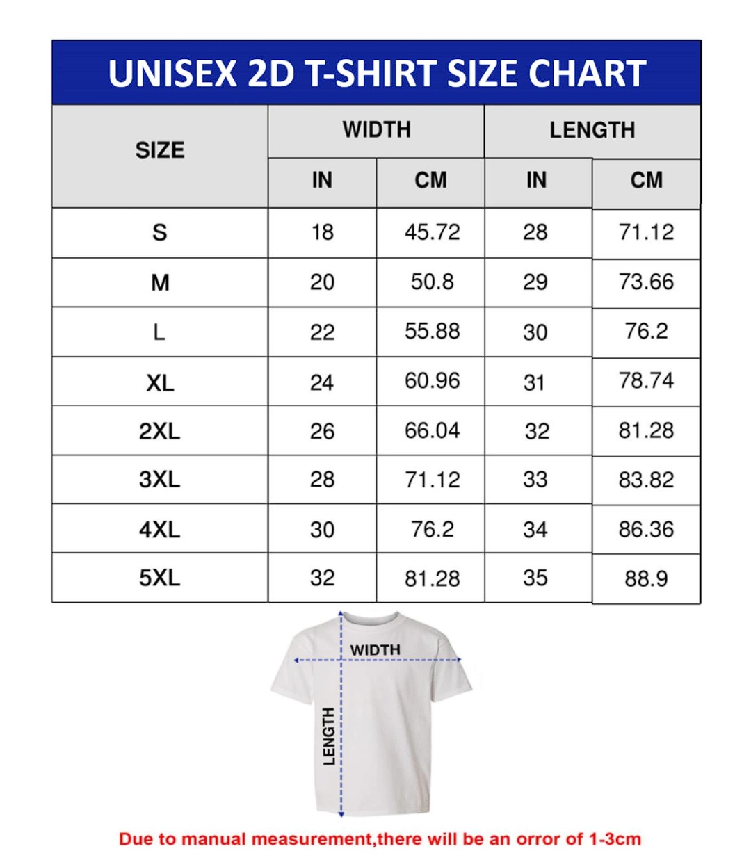 T-Shirts Size Chart