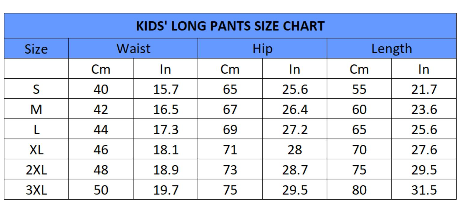 Kids Long Pant Size Charts