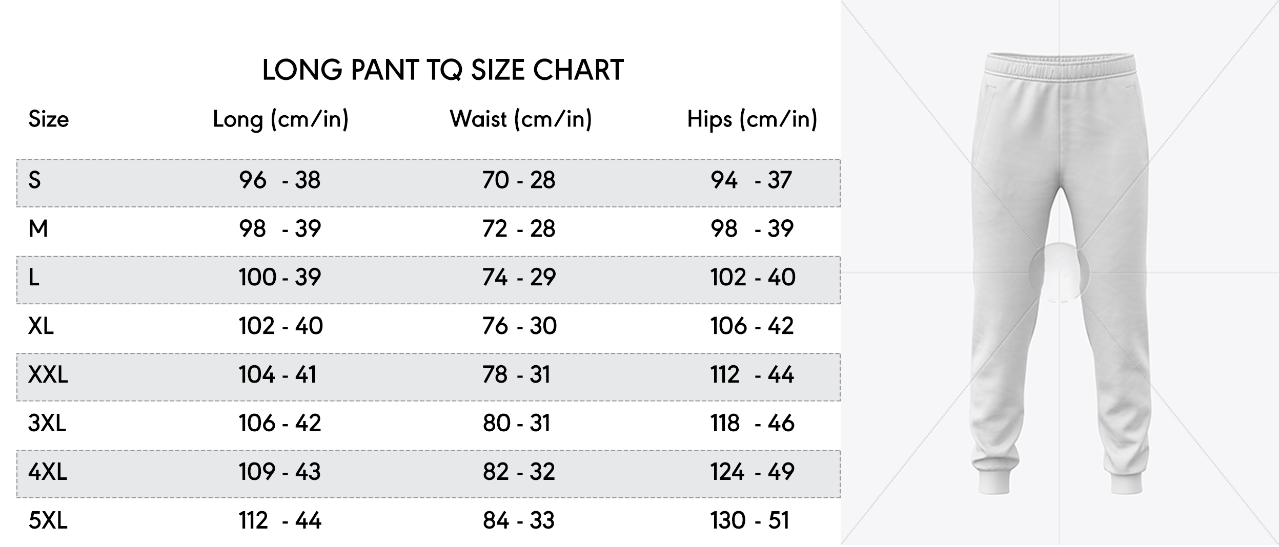 Adult Long Pant Size Charts