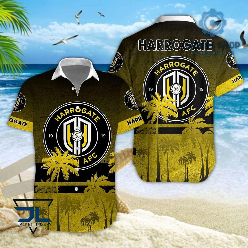 Harrogate Town Afc Efl Palm Tree Pattern Hawaiian Shirts And Shorts Black Yellow 1 0myt8 - Grinds Shop